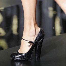 Dress Shoes Black Snake Printed Leather Chunky Pumps Thin Strap Butterfly Round Toe Platform Women Party