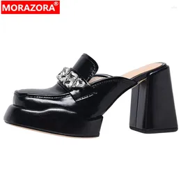 Slippers MORAZORA 2024 Rhinestone Genuine Leather Ladies Casual Mules Shoes Thick High Heels Platform Women