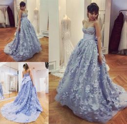 Dusty Blue Sweetheart Prom Dresses Sexy Bodice Exposed Boning Lace Appliques Evening Gowns With Big Bow Backless Sweep Train Arabi2665639