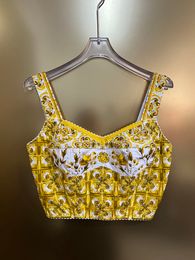 100% Cotton Camisole Sexy Women Beach Holiday Yellow Porcelain Flower Print Spaghetti Strap Laptops Lady High Street Top