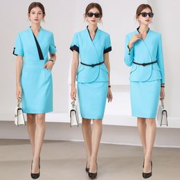 Women's Lake Blue Occupational Clothing Beauty Jewellery Hotel Sales Department Uniform High end Deep Blue Work Set Spring Autumn