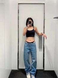 Women's Jeans 2024 Spring/Summer INS Street Spicy Girls High Waist Bikini Spliced Hollow Out Simple Denim Straight Leg Pants