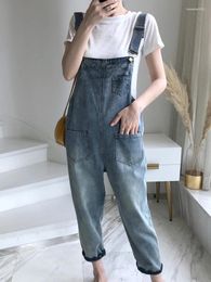 Women's Jeans Solid Colour Pocket High Waist Denim Suspender Pants Spring Summer Loose Korean Style Straight Cropped