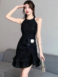 Casual Dresses Black Jacquard Chic Bow Y2k Mini Dress Women Summer Elegant Ruffled Mermaid 2024 Korean Fashion Backless Sexy Club