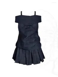 Work Dresses Chic Sexy Women Slim Outfits 2 Piece Set Slash Neck Denim Tops Black Pleated Skirt Elegant Gothic Preppy Style High Street Y2K