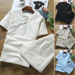 Linen Short-sleeved T-shirt Shorts 2Pcs Men Cotton Linen Causal Suit For Male Summer Spring Autumn 240403