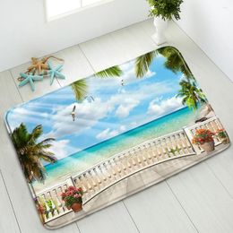 Bath Mats Ocean Beach Landscape Bathroom Non-Slip Green Plants Palm Trees Flowers Seagulls Scenery Indoor Doormat Absorbent Carpet