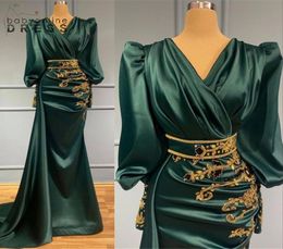 Vintage Dark Green Mermaid Evening Dresses Arabic African Gold Beads Appliques Pleats V Neck Long Satin Party Occasion Gowns Prom 1103608