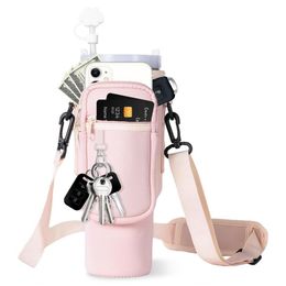 Soft Cup Protector with Shoulder Strap Adjustable Water Bottle Carrier Bag with Pockets for 40oz Tumbler Shock-absorbing Holder