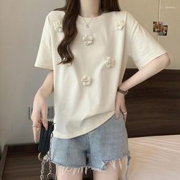 Women's T Shirts Summer White Embroidered Sweater Women Knitted T-shirt Tops Short Sleeve O-neck Casual Fashion Ladies Pullover Jumpers