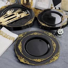 Disposable Dinnerware 5PC Round Dining Plate Plastic Dinner Plates Disc With Gold Rim Lace Embossed Gilded Art Pattern