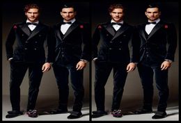 Burgundy Velvet Formal Men Suits Groom Groomsmen Tuxedos Peak Lapel Wedding Morning Suits JacketPantsVestBow Tie7635520