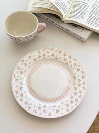 Plates Pink Plaid Floral Ceramic Plate With Lace Edge Perfect For Western Restaurant Desserts And Salad