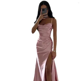 Casual Dresses Backless Maxi Dress Elegant V Neck Satin Evening Gown With High Split Slim Fit Waist Prom For Summer Parties Balls Women