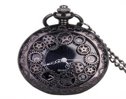 Pocket Watches Fashion Hollow Gear Black Bronze Shilver Quartz Watch Pendent Necklace Chain Clock Reloj De Bolsillo CF10364914867