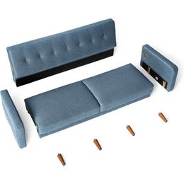 Mellow Mid-Century Modern Sofa Couch with Armrest Pockets, Tufted Linen Fabric, Heather Blue