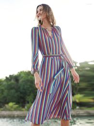 Casual Dresses Elegant Colourful Striped V Neck Lantern Sleeve High Waist Sashes Midi Dress Boho Long Belted Summer Sundresses Q545