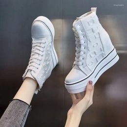 Casual Shoes Inner Increase White Women 2024 High-top Canvas Hollow Breathable Thick-soled Women's Sneaker