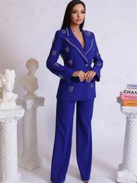 Women's Two Piece Pants Navy Women Suits One Button 2 Pieces Blazer Peaked Lapel Tuxedo Diamonds Crystals Prom Slim Fit Plus Size Costume