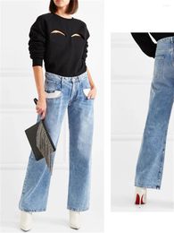 Women's Jeans Early 2024 Autumn Women Contrast Colour Light Blue Pocket Sticker Pants Ladies High Waist Straight Vintage Loose