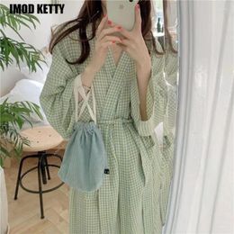 Women's Sleepwear Spring Summer Fashion Versatile Pajama Nightgown Long Sleeve Homewear Japanese Plaid Robe Women With Belt Basic Daily