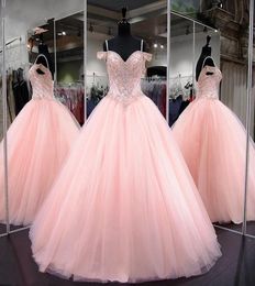 Pink Quinceanera Dresses 2021 Modest Masquerade Ball Gown Prom Dress Sweet 16 Girls Birthday Party Lace Up Off Shoulder Full Lengt4927418