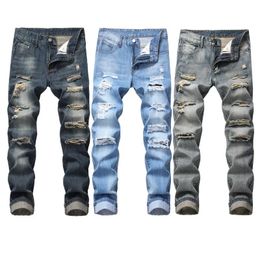 Slim-fit Denim Pants Mens Trousers Nostalgic Torn Brand Ripped Jeans Fashion Straight Men Hip Hop Beggars Male Hole Light Blue 240403