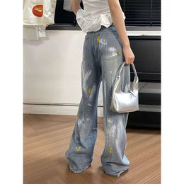 KAKAMEE American Style Washed Paint Graffiti Street Style Wide Leg Micro Flared Jeans Thirteen Line New Women's Pants