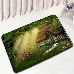 Bath Mats Natural Landscape Bathroom Mat Forest Treevine Plant Wooden House Green Yellow Leaves River Flower Doormats Bedroom Non-slip Rug