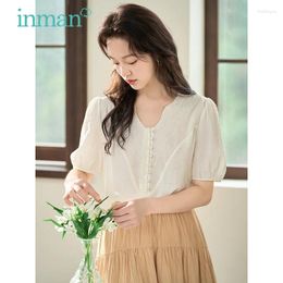 Women's Blouses INMAN Women Blouse 2024 Summer Short Sleeves V-neck Loose Shirts Advanced Custom Embroidery H-shaped Literary Tops