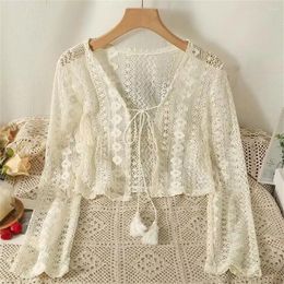 Women's Knits 2024 Women Sexy See Through Cardigans Long Sleeve Lace Mesh Vintage Tie Up Floral Crop Tops Streetwear