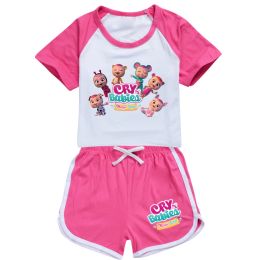 Trousers New Pink Girls Boys 2022 Summer Clothing Set Cute Cry baby Kids Sports T shirt+Pants 2piece set Baby Clothing outfits Pyjamas