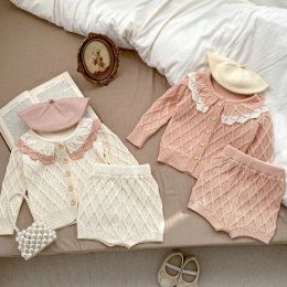 Shorts 2024 New Spring Infant Baby Girls Knitted Clothing Set Long Sleeved Knitted Cardigan+Shorts Toddler Baby Knitting Clothes Suit