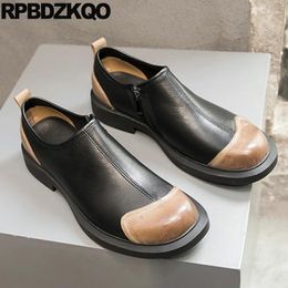 Dress Shoes Comfort Multi Colored Chic Soft Sole Unique Men Round Toe Strange Flats Side Zip Cow Skin Patchwork Genuine Leather