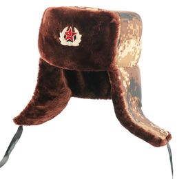 Men Army Trapper Hat Russian Ushanka Soviet Badge Bomber Hats Winter Earflap Cap Thermal Faux Fur Snow Caps9018657