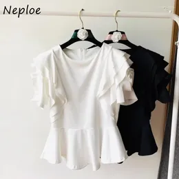 Women's T Shirts Neploe 2024 Summer O-neck Tops Women Y2k Slim Waist Ruffles Tee Shirt Fashion Simple White Short Sleeve Ruched T-shirts