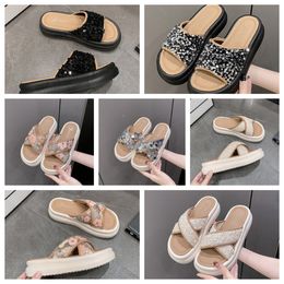 New Thick soled cross strap cool slippers womens black white Exquisite sequin sponge cake sole one line trendy slippers