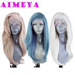 AIMEYA Ash Blue Heat Resistant Synthetic Front Wig Long Natural Wave Mix Blonde Lace Wigs Pink Daily Use Cosplay