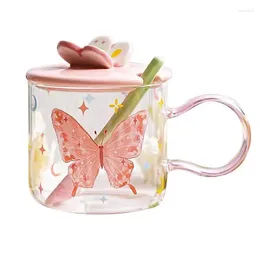 Wine Glasses Heat Resistant Glass Mug Cup With Cute Butterfly Printings Ceramic Lid 3D Decor Tulip Flower Shape Spoon 1 Piece