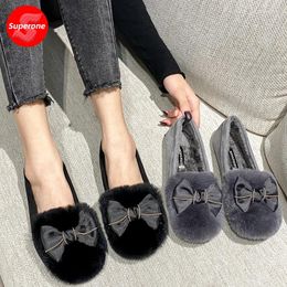 Casual Shoes Winter Real Hair For Women Bow Flat Single With Fleece Pea Maternity Gommino Driving Shoe