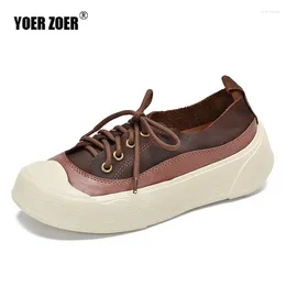 Casual Shoes Loafers Genuine Leather Women's Retro Colour 2024 Flat Leisure Matching Lace Low Top Layer Cowhide Female