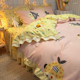 Bedding Sets Cartoon Pastoral Style Bed Skirt Four-Piece Set Ruffled Cotton Single