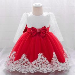 Girl Dresses Elegant Long Sleeve Baby Big Bow Party Wedding Lace Infant 1st Birthday Princess Dress Vestidos