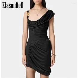 Casual Dresses 3.11 KlasonBell 2024 Irregular Ruched Black Evening Dress Women Suspender Metal Sleeveless Fashion Party Mini