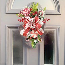 Decorative Flowers Christmas Wreath Garland Candy Cane Bow Decor Simulation Flower Vine Ornament Xmas Front Door Hanging Wall Home