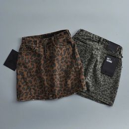 High waisted mini skirts for women korean fashion leopard skirts womens 2024 Summer denim skirt green vintage jean skirt ripped 240412