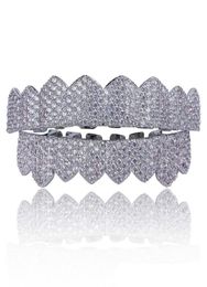 Micro Pave Cubic Zirconia Silver Gold Colour Teeth Grills Hiphop Rocker Halloween Iced Out Caps TopBottom Fang Grills Set Bling Te7287827