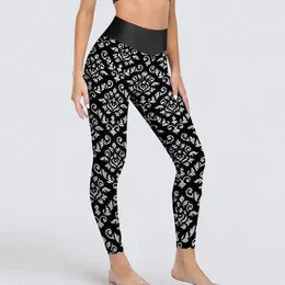 Women's Leggings Damask Baroque Print Yoga Pants Lady Black And White High Waist Retro Sports Tights Quick-Dry Work Out Leggins