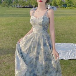 Elegant Long Flower Strap Dress Women Vintage Sweet Print Korean Slip Fairy Dress Casual Calssy Party Princess Dress Summer 240411