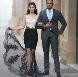 Black White Mermaid Evening Formal Dresses Long Sleeves 2020 Lace Beaded See Through Trumpet Middle East Arabic Evening Gowns4973062